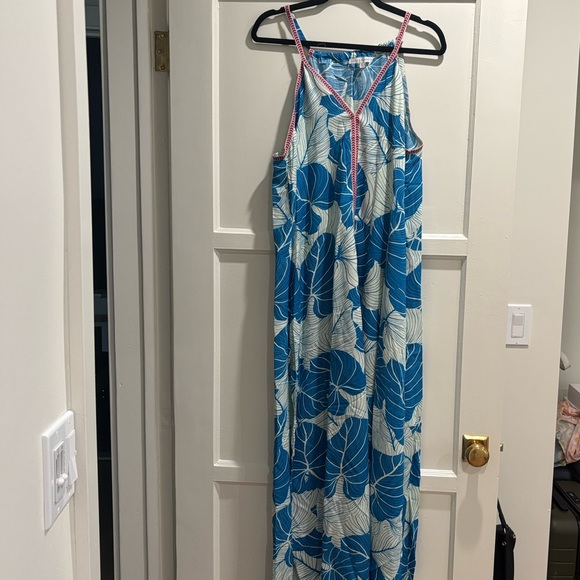 Blue Leaf Print Dress with Pink Trim - Picture 4 of 5